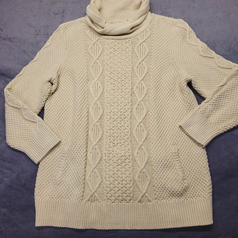 Womens LL Bean Signature Cable Knit Sweater Funnelneck 100% Cotton LG Fisherman
